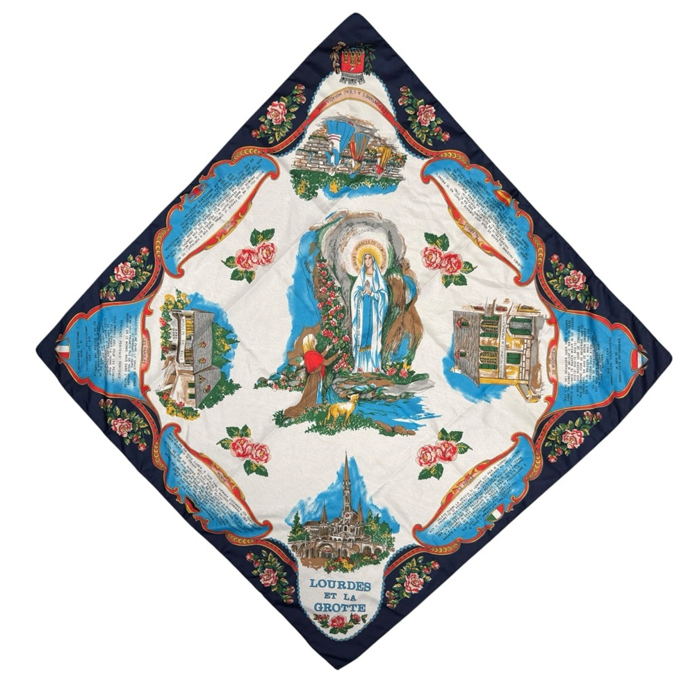 Vintage Lourdes Et La Grotte 30” Religious Scarf Blue Border